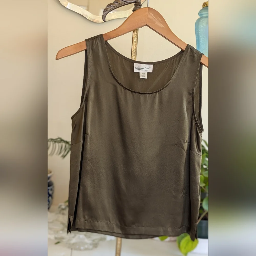 100% Silk Olive Sleeveless Tank Coldwater Creek Petite - Picture 2 of 12
